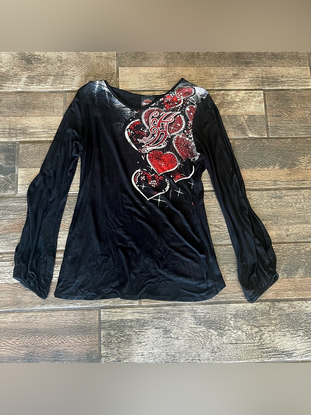 Harley Davidson long sleeve t-shirt tunic with rhinestones hearts M
